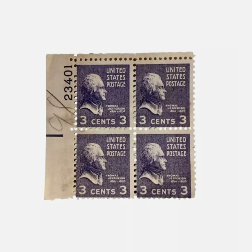 Thomas Jefferson 3 Cent Purple 4 Block Stamps Very Rare